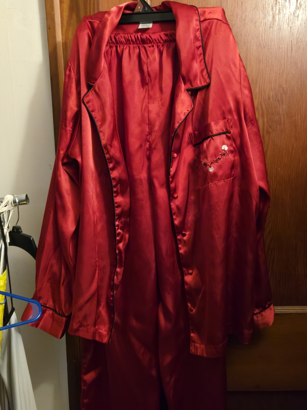 Luxurious Red Satin Women's Pajama Set with Black Piping
